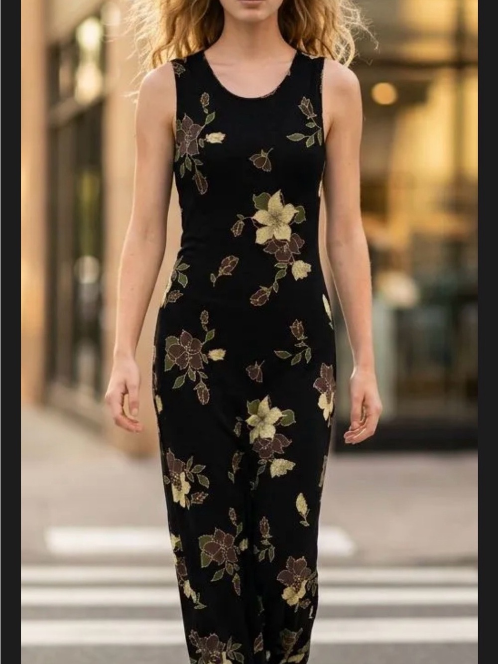 Vintage 90’s era. Sleeveless Black Floral Maxi Dress with Gold Accents